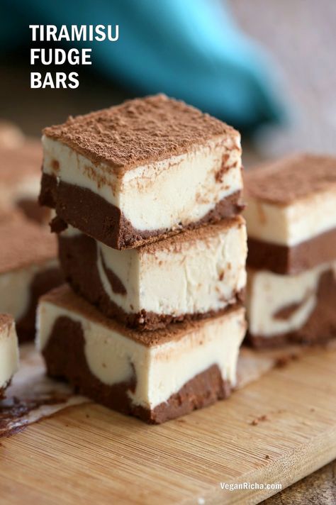 Tiramisu Fudge Bars Creamy cashew vegan mascarpone layered w/ cocoa coffee cream. Freezer fudge bars are easy & dreamy. Vegan Gluten-free Soy-free Recipe Tiramisu Fudge, Vegan Mascarpone, Freezer Fudge, Glutenfri Baking, Patisserie Vegan, Tiramisu Cheesecake, Vegan Tiramisu, Vegan Richa, Cocoa Coffee