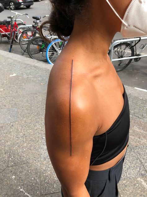 Linework Line On Shoulder Tattoo, Line Tattoos Black Women, Upper Arm Ring Tattoo, Line On Arm Tattoo, Arm Line Tattoos For Women, Line Tattoo Shoulder, Back Of The Shoulder Tattoos For Women, Lines Tattoo Arm, Shoulder Line Tattoo