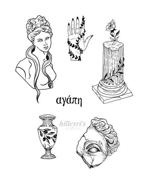 Greek mythology flash⚜️ . . . #tattoos #greekmythologytattoo #flashtattoo #minimaltattoo #tattooapprentice Cassandra Greek Mythology Tattoo, Greek Mythology Tattoos Women, Greek Inspired Tattoos For Women, Greek Amphora Tattoo, Tattoo Greek Symbol, Greek Flash Tattoo, Green Mythology Tattoo, Greek Themed Tattoos, Hades Tattoos