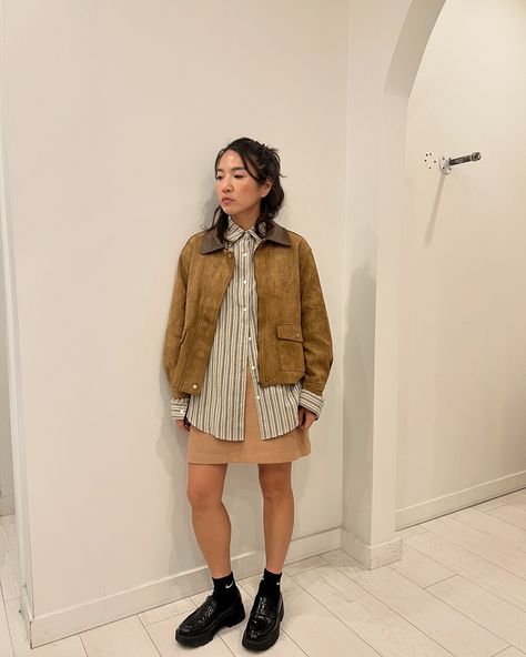 Fall fashion: when your outfit is as layered as my personality!🍂👗🍁 JUST faux suede jacket + MONET stripe shirt Oversized Suede Jacket Outfit, Suede Jacket Outfit, Tan Suede Jacket, Faux Suede Jacket, Striped Long Sleeve Shirt, Stripe Shirt, Leather Collar, Tan Suede, Fall Style