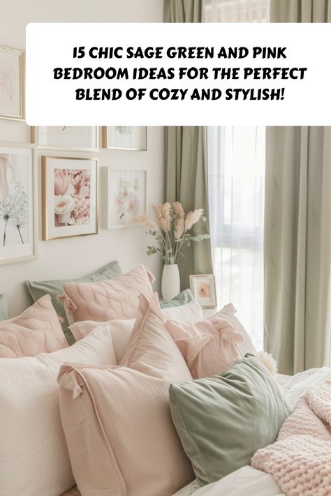 Gray Green And Pink Bedroom, Sage Pink Grey Bedroom, Pink And Green Teen Bedroom, Green Pink Bedroom Ideas, Rose And Sage Bedroom, Dusty Rose And Green Bedroom, Cozy Pink Bedroom Ideas, Light Green And Pink Aesthetic, Sage And Pink Bedroom