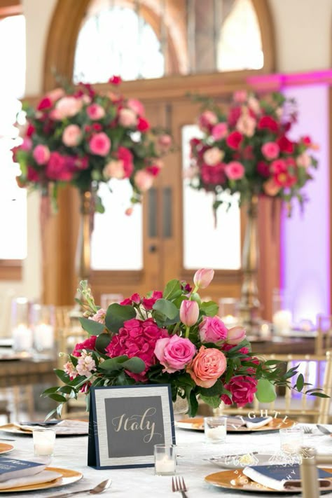 Pink Flowers Wedding Centerpieces, Pink And Red Centerpieces Wedding, Bright Pink Wedding Flowers, Pink Centerpieces Wedding, Hot Pink Wedding Theme, Lighted Wedding Centerpieces, Pink Wedding Flowers Centerpiece, Pink Floral Centerpieces, Pink Flower Centerpieces