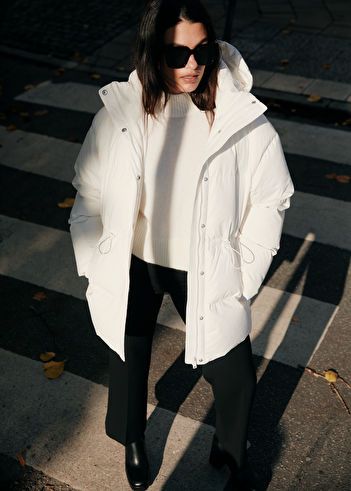 Oversized Hooded Down Puffer Jacket - White - Pufferjackets - & Other Stories US White Puffer Coat, Cream Puffer Jacket, Cold Weather Outfits Winter, White Puffer, Down Puffer Jacket, All Black Looks, Quilted Coat, Polo Neck, Fashion Story