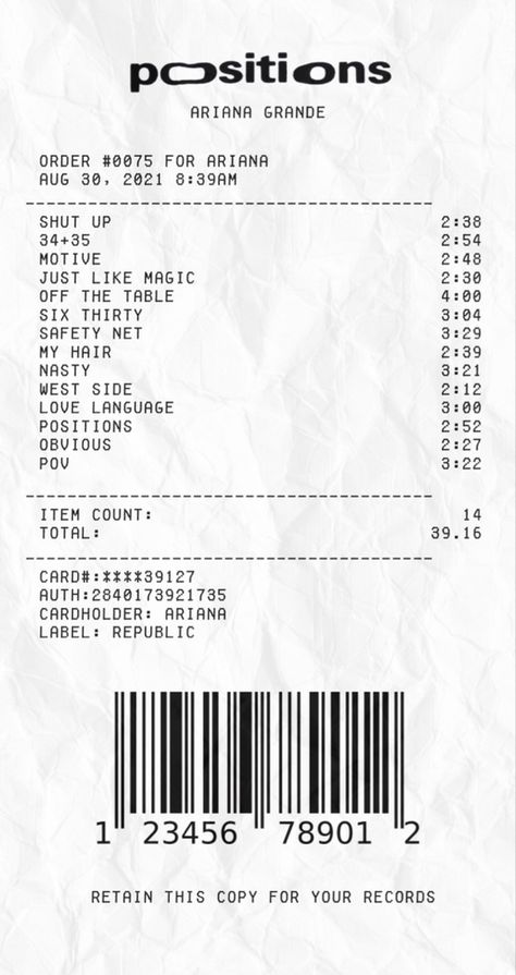 Receipt Music Posters, Reciept Albums, Receipt Collage, Song Receipts, Aesthetic Receipt, Music Receipts, Music Receipt, Album Receipts, Ariana Grande Album