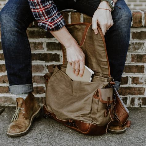 Rugged Fashion, Military Messenger Bag, 1940's Style, Mens Rugged, Leather Messenger Bag Men, Lifestyle Photoshoot, Waxed Canvas Bag, Canvas Leather Bag, Army Surplus