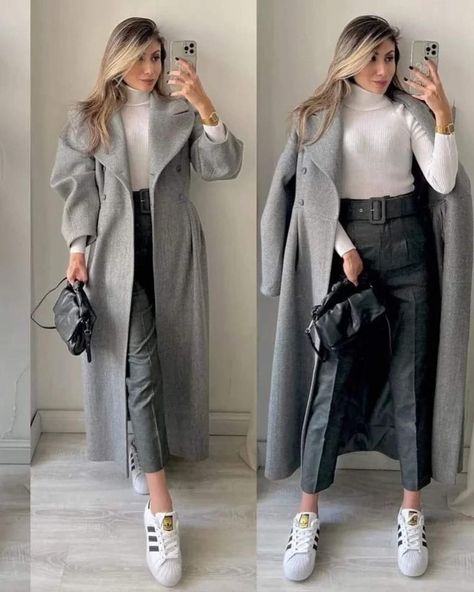 How To Style Grey Coat, Grey Wool Coat Outfit Winter, Outfits With Grey Coat, Gray Long Coat Outfit, Outfit Saco Gris, Grey Coat Outfits For Women, Gray Coat Outfit Winter Style, Long Coat Outfit Winter Fashion, Dark Grey Coat Outfit