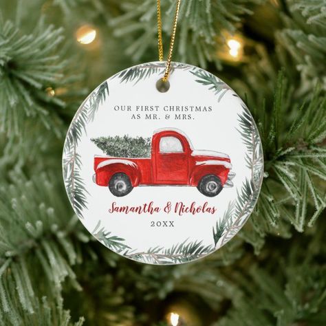 Vintage Red Farm Truck | First Christmas Mr & Mrs Ceramic Ornament - Christmas Ornament Farm Ornaments, Pretty Christmas Ornaments, Truck Ornament, Toddler Craft, Wedding Watercolor, First Christmas Married, Wood Disc, Great Wedding Gifts, Ornament Ideas