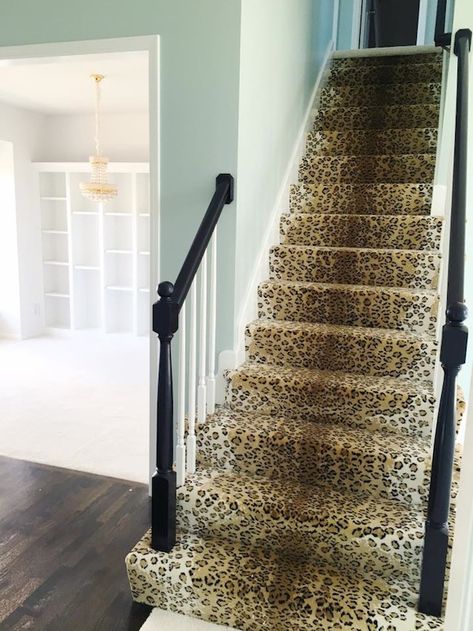 LEOPARD CARPET STAIRCASE, PALLADIAN BLUE BENJAMIN MOORE Leopard Carpet Stairs, Carpet For Stairs, Leopard Carpet, Animal Print Carpet, 8 House, Cottage Houses, Carpet Staircase, Palladian Blue, Traditional Staircase