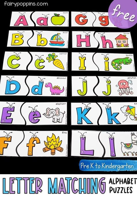 These free letter matching puzzles help kids learn about letter identification and beginning sounds. #alphabetactivities #beginningsounds #preschool #prek #kindergarten #letteridentification #literacycenter Matching Letters Activities, Letters Activity Kindergarten, Kindergarten Letter Recognition, Letter Matching Preschool, Letter Identification Games, Letters Kindergarten, Fairy Poppins, Letter Matching Worksheet, Abc Activities Preschool