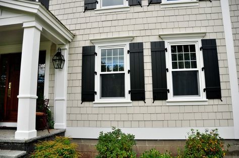 Gray Shutters, Tan House, Exterior House Siding, James Hardie Siding, Hardie Siding, Black Shutters, House Shutters, Exterior Paint Colors For House, Shutters Exterior