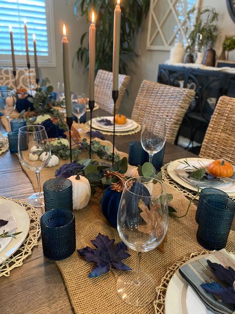 Blue and Orange table setting. Pumpkin table setting Blue Orange Thanksgiving Table, Teal Thanksgiving Decor, Orange And Blue Thanksgiving Table, Blue Fall Table Decor, Navy And Orange Thanksgiving Table, Orange Blue Table Setting, Blue Fall Tablescapes, Thanksgiving Tablescapes Blue, Navy Thanksgiving Table