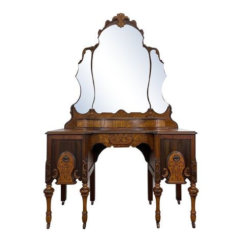 This beautiful, rich walnut wood vanity is the perfect addition to your master suite, entryway or as a dressing table in your guest room. This piece features two spacious dovetail drawers with hinged serpentine glove box to store your most used jewelry or makeup.   The original, etched mirror has a lovely patina that only time can produce. Imagine the faces and stories this antique beauty has seen, then envision yourself looking in the antique glass for one final check before you go about your d Painted Vanity Makeup, Antique Vanity Ideas, Victorian Dressing Table, Southern Gothic House, Antique Vanity Mirror, Vintage Makeup Vanity, Antique Vanity Table, Vanity Old Fashioned, Medieval Vanity