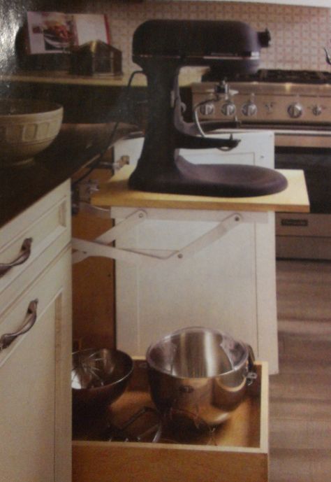 Mixer on a pop-up drawer with a bowl storage drawer underneath. Also there's an electrical outlet inside of the cabinet! Kitchen Drawer Inserts, Ken Kelly, Small Kitchen Appliance Storage, Kitchen Cabinet Organizers, Tall Kitchen Cabinets, Closet Makeover Diy, Kitchen Appliance Storage, Elegant Kitchen Design, Cabinet Organizers