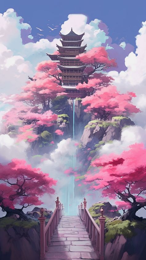 Indulge in the serene beauty of nature with this stunning iPhone wallpaper featuring a Japanese temple and waterfall, surrounded by pink cherry blossom trees and soft colors, in the style of anime art. Perfect for those who love a peaceful and calming aesthetic. Use it to elevate your iPhone background and add a touch of tranquility to your daily routine. Download now and enjoy this beautiful wallpaper iphone on your screen! #imagineboards Japanese Cute Wallpaper, Japanese Cartoon Wallpaper, Japanese Cherry Blossom Wallpaper Iphone, Japanese Iphone Wallpaper, Cute Japanese Wallpaper, Japanese Cherry Blossom Aesthetic, Japanese Cherry Blossom Wallpaper, Japanese Aesthetic Wallpaper, Cherry Blossom Anime