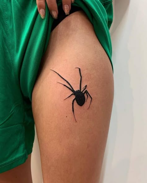 Thigh Traditional Spider Tattoo Traditional Spider Tattoo, Tat Drawings, Black Widow Spider Tattoo, Black Widow Tattoo, Spider Tattoos, Stick And Pokes, Spider Web Tattoo, Spirit Tattoo, Web Tattoo