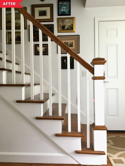 Wooden Staircase Railing, Wood Banister, Stair Newel Post, White Staircase, Painted Staircases, Stair Banister, Handrail Design, Wood Railing, Staircase Wall