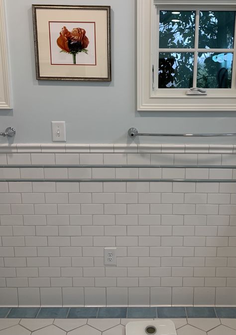 Subway Tile Ideas For Bathroom, Subway Tile Wainscoting Bathroom, Fun Bathroom Tile Ideas, 1930s Bathroom Floor Tile, Vintage Blue Bathroom Tile, Tile Wainscoting Bathroom, 1950 Bathroom Remodel Vintage Tile, 1890s Bathroom Tile, 1950s Blue Tile Bathroom