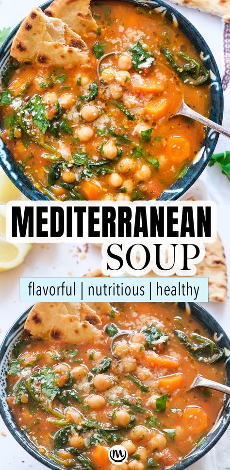 This hearty Mediterranean soup is full of plant-based protein, veggies, and spinach, all simmered in a thick and flavorful tomato broth. It's so satisfying and tastes incredible.  #veganrecipes #chickpearecipes #souprecipes #cheapmeals #vegandinners #healthydinnerrecipes #souprecipeshealthy Thick Veggie Soup, Mediterranean Soups Slow Cooker, Mediterranean Diet Recipes High Protein, High Protein Mediterranean Diet, High Protein Vegetable Soup, High Protein Vegetarian Soup, High Protein Soups Low Carb, Spinach Tomato Soup, Broth Based Soups