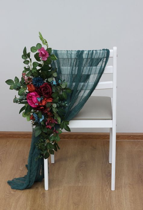 "Drapery is not included in the price of flowers. The arrangement is made from high-quality artificial flowers. All dimensions are total length or width. Length 24\" ( 60 cm) width 10\" ( 25 cm) Thanks for your visit 😊" Jewel Toned Wedding Arch, Fairytale Wedding Palette, Jewel Tone Wedding Aesthetic, Gemstone Wedding Decor, Magenta Fall Wedding, Jewel Tone Wedding Decor Table Settings, Teal Wedding Theme Color Combinations, Jewel Toned Bouquet, Jewel Tone Boho Wedding