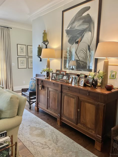 Traditional Nancy Meyers Interiors, It’s Complicated Home Decor, Open Front Room Ideas, Antique Dresser Living Room Decor, Nancy Meyers Aesthetic Dining Room, Furniture By Fireplace, How To Decorate A Sideboard Dining Rooms, Kristin Mcgowan Design, Green Cabinet Living Room