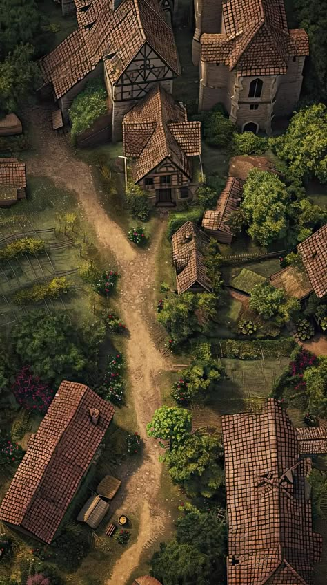 Medieval Town Map, Medieval Village Map, Dnd Town Ideas, Medieval Village Art, Dnd Village, Dnd Town, Rpg City, Dnd Locations, Medieval Towns