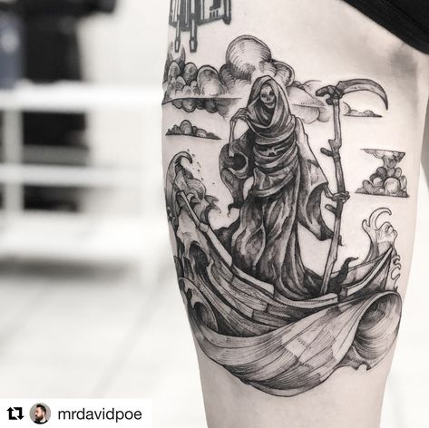 #Repost @mrdavidpoe from @moontattoostudio in Austin, Texas ・・・ Charon at the crossing of Styx. #tattoo done at @moontattoostudio… Ferryman Tattoo, Charon Tattoo, Visionary Tattoo, Greek God Tattoo, Grim Reaper Tattoo, Reaper Tattoo, Gothic Elements, Greek Mythology Tattoos, X Tattoo