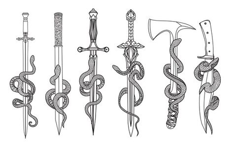 Snake And Dagger Tattoo, Group Tattoos, Sketch Black And White, Element Tattoo, Vector Tattoo, Vintage Tattoo Art, Serpent Tattoo, Knife Tattoo, Snake Drawing