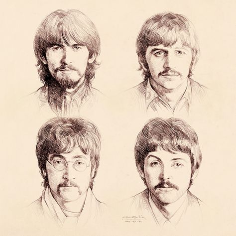 Beatles Drawing, Beatles Artwork, Human Sketch, Drawing Ideas List, Beatles Art, Music Drawings, World Of Tomorrow, Rock And Roll Bands, Celebrity Drawings