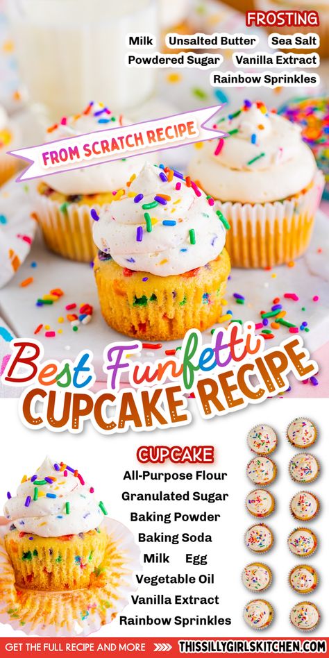 A perfect birthday cupcake consists of homemade cupcakes loaded with sprinkles and topped with a huge swirl of vanilla buttercream. Funfetti Cupcakes fit the bill for any special occasion! This recipe from This Silly Girl's Kitchen is easy to customize with your favorite colors of sprinkles! Homemade Funfetti Cupcakes, Funfetti Cupcake Recipe, Perfect Cupcake Recipe, Funfetti Cupcakes, Cookies To Bake, Homemade Cupcakes, Homemade Frosting, Homemade Birthday, Easy Cupcakes