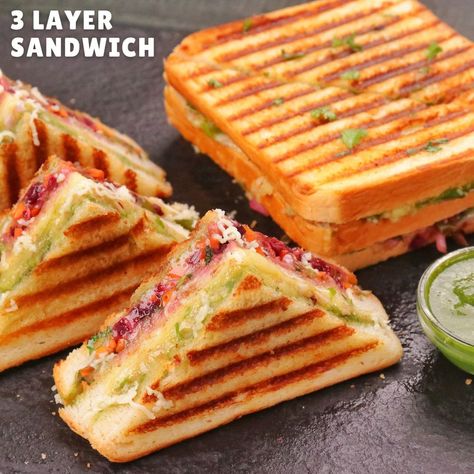 I Made Ahmedabad's Famous 3-Layer Cheesy Veg Grilled Sandwich And My Husband Loved It | I Made Ahmedabad's Famous 3-Layer Cheesy Veg Grilled Sandwich And My Husband Loved It | By Aarti Madan | Facebook Veg Grilled Sandwich, Dahi Tadka, Fingerfood Party, Grilled Sandwich, Party Finger Foods, Quick Meal, Husband Love, Finger Foods, My Husband