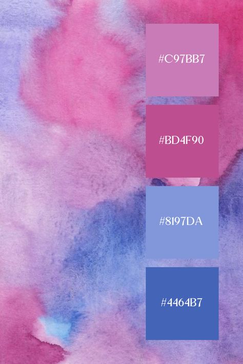 This image features a blue-pink color palette with a dreamy watercolor texture. The soft blend of pastel pinks and cool blues creates a calming and whimsical effect, reminiscent of a serene sunset sky or a gentle ocean wave. Pink Purple Blue Palette, Blue Pink Palette, Blue Pink Color Palette, Blue And Pink Color Palette, Whimsical Palette, Blue Pink Aesthetic, Pink And Blue Color Palette, Whimsical Color Palette, Pink And Blue Aesthetic