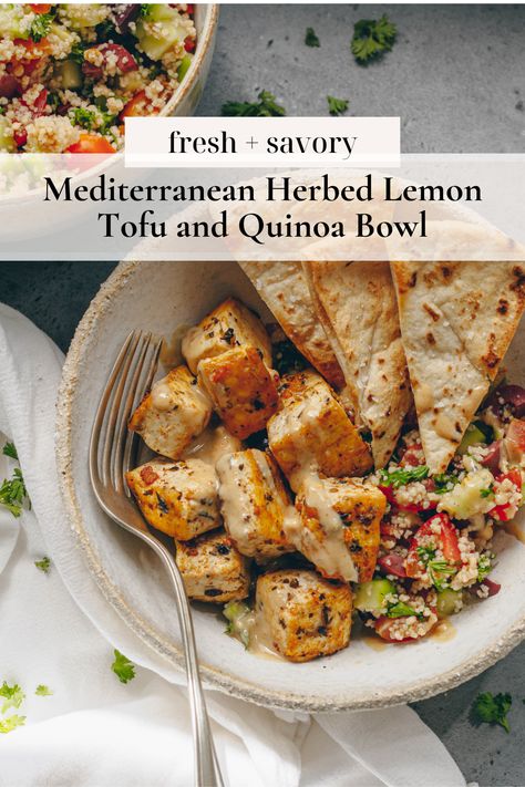 A zesty, bright, and ultra flavorful Mediterranean-inspired bowl with crispy marinated herbed lemon tofu, fresh couscous and veggie salad, crisp pita chips, and a creamy tahini sauce. Tofu Quinoa Bowl, Lemon Tofu, Couscous Bowl, Tofu Quinoa, Tofu Recipes Vegan, Vegan Dinner Recipes Easy, Marinated Tofu, Easy Vegan Dinner, Quinoa Bowl