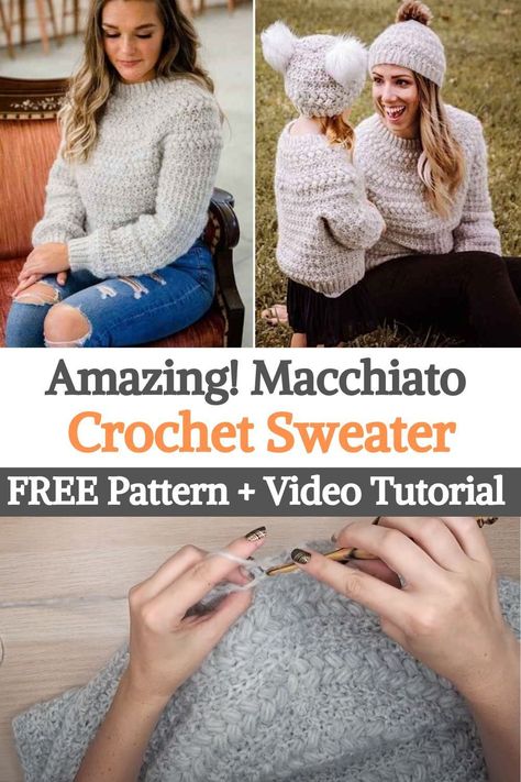 If you are looking for a family fall sweater this is the place. How adorable would this crochet sweater be for those holiday cards? So, if you want to knit a sweater or a hat for this season, but you are a little nervous, don't worry, this post will help you.The adult size crochet pattern is available in size x-small to size 5x plus. Ever wonder what it would be like to snuggle up in a cloud? No more worries with this soft textured sweater, it's as cozy as it sounds. The Macchiato sweater... Mabel's Sweater Crochet, Fuzzy Sweater Crochet Pattern, Crochet Mabel Sweater, Stuffed Animal Sweater Crochet, Winter Crochet Stretch Sweater, Crochet Sweater Pattern Free, Textured Sweater, Fall Sweaters, Crochet Cardigan