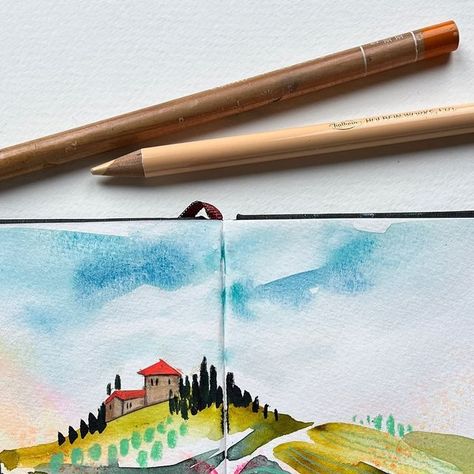 Ohn Mar Win | My Patreon members can watch the exclusive process video for this landscape. It’s loose watercolor with colour pencil details and some... | Instagram Ohn Mar Win, Watercolour Sketchbook, Sketchbook Illustration, Colour Pencil, Loose Watercolor, Watercolor Sketchbook, Surface Design, Colored Pencils, Pencil