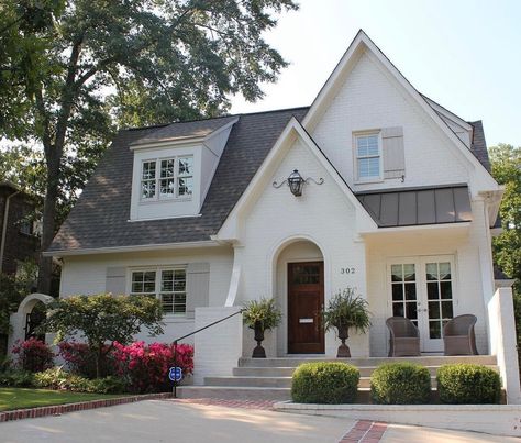 Small Tudor Cottage, White Brick Exterior House, Dwelling Architecture, Transitional Tudor, White Brick Exterior, Tudor Exterior, Modern House Front Elevation, Manifestation List, Tudor House Exterior