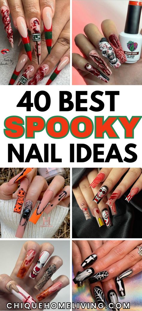 Get ready for Halloween with our curated spooky nail ideas that will add a touch of fright to your nail! From classic designs featuring ghosts, pumpkins, and cobwebs to more creative concepts, these nails are perfect for celebrating the spooky season. Spooky Nail Ideas, Scary Halloween Nails Design, Spooky Nail, Get Ready For Halloween, Bath Gel, Gel Nail Colors, Nail Design Ideas, Ready For Halloween, Spooky Designs