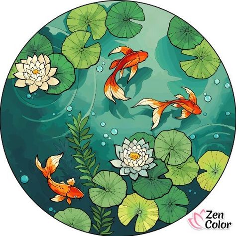 Pond Fish Drawing, Koi Fish In Pond Drawing, Koi Fish Digital Art, Fish In Pond Drawing, Koi Pond Drawing, Fishpond Ideas, Koi Pond Painting, Koi Drawing, Koi Fish Illustration