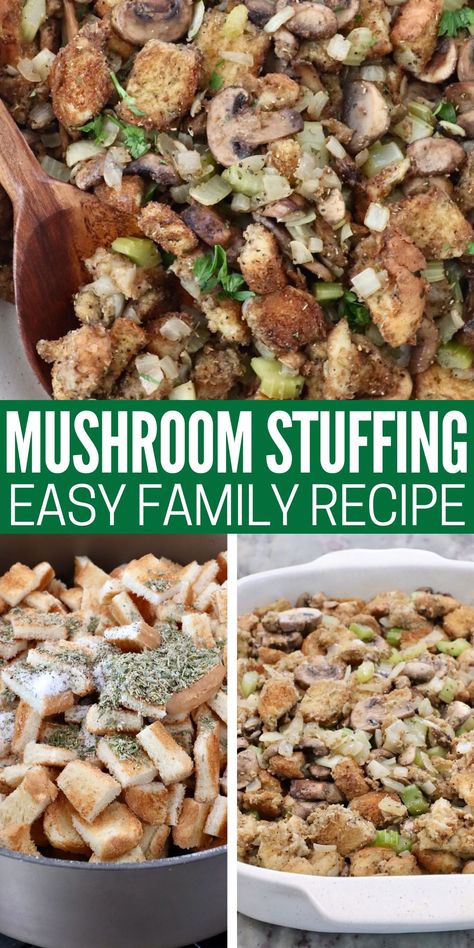 This family-favorite Mushroom Stuffing recipe has been passed down for generations! It's always at hit at Thanksgiving and Christmas, but it's so easy to toss together, that you can make it year-round for a flavorful side dish anytime. Wild Mushroom Stuffing, Rice Stuffing Thanksgiving, Mushroom Stuffing Recipes, Stuffing With Mushrooms, Stuffing Easy, Pepperidge Farm Stuffing, Homemade Stuffing Recipes, Mushroom Stuffing, Cornbread Stuffing Recipes