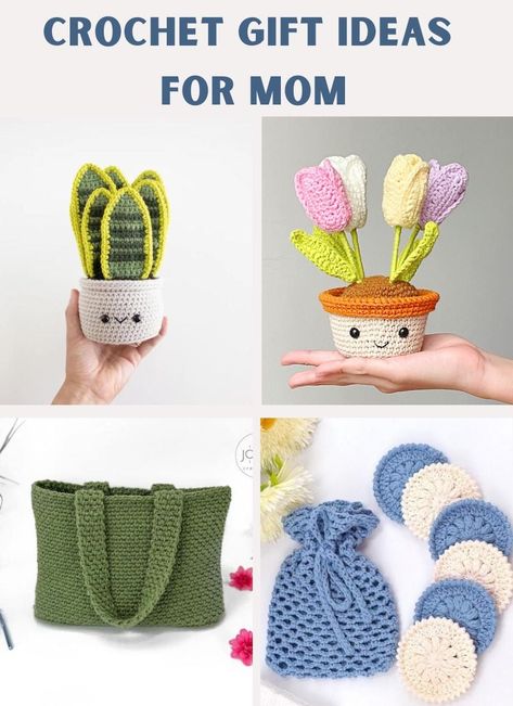 Here is a list with patterns that make the best crochet gifts for mom. Whether you're looking for quick or more elaborated ideas, this list is for you. Crochet New Mom Gift, Crochet Projects For Mom, Best Crochet Gifts, Crochet Gifts For Mom, Crochet Planter Cover, Plastic Bag Crochet, Quick Crochet Gifts, Crochet Plant Hanger, Spiral Crochet