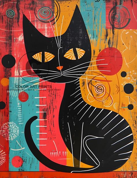 Black Cat Pink Orange Abstract Atomic Mid Century Modern Giclée Art Print 8.5X11 Modern Art Cat Paintings, Atomic Cat Art, Mcm Cat Art, Mid Century Modern Art Cat, Black Cat Collage Art, Modern Cat Art, Retro Black Cat Art, Midcentury Modern Art, Vintage Disney Posters