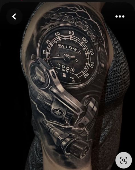 Machine Tattoo Men, Mechanic Tattoo Sleeve Men, Gear Sleeve Tattoos For Guys, Tachometer Tattoo Design, Car Part Sleeve Tattoo, Mechanic Tattoos For Men, Mechanic Tattoo Ideas For Men, Mechanic Sleeve Tattoo, Diesel Mechanic Tattoo