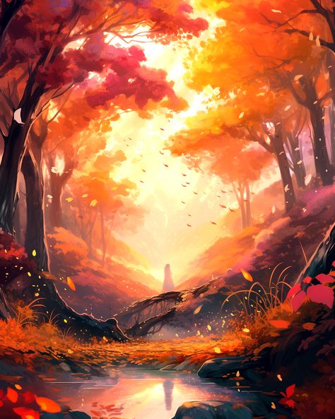 Person stating in an enchanting, fantasy forest during sunset with orange trees, leaves, flowers and plants Orange Scenery Painting, Orange Fantasy Aesthetic, Fall Trees Drawing, Autumn Fantasy Art, Sunset Digital Painting, Fantasy Forest Art, Fantasy Sunset, Orange Landscape, Forest Magical