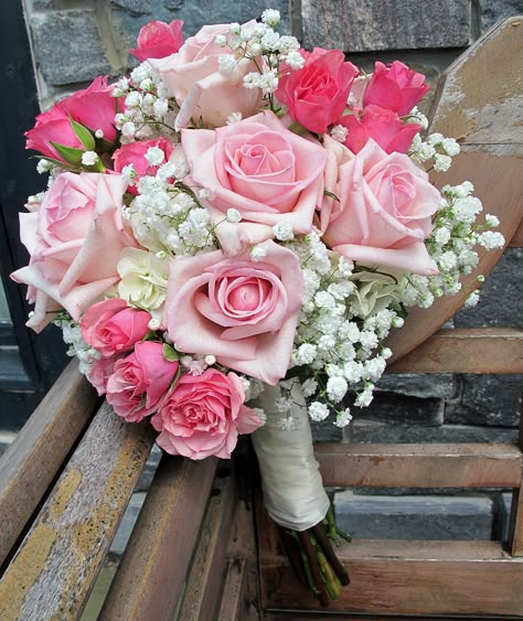 Pink roses and Baby's Breath Pink Rose Wedding Bouquet, Prom Flowers Bouquet, Homecoming Flowers, Prom Bouquet, Flower Boquet, Pink Flower Bouquet, Wedding Bouquets Pink, Boquette Flowers, Rose Wedding Bouquet