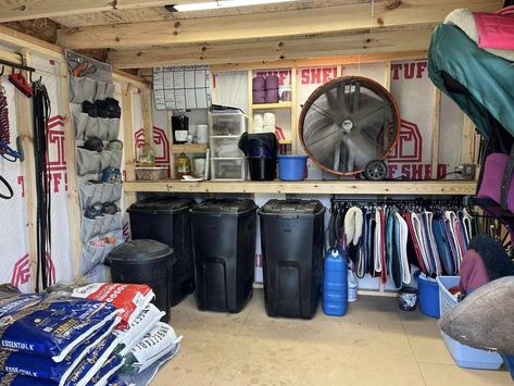 Barn, Tackroom & Trailer Design, DIY & Hacks | Love my tack room | Facebook Horse Trailer Tack Room Makeover, Horse Trailer Tack Room Storage Ideas, Diy Horse Trailer Tack Room, Tack Shed Ideas, Horse Trailer Hacks Tack Rooms, Organized Tack Room, Tack Room, Diy Hacks, Room Layout