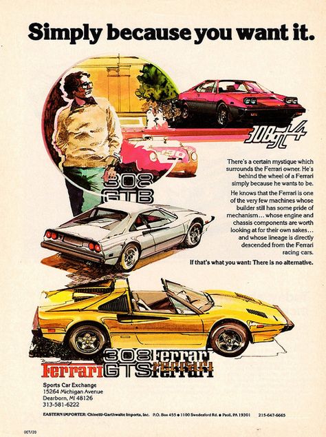 1978 Ferrari Ad (Sports Car Exchange) by aldenjewell, via Flickr Ferrari Poster Vintage, Ferrari Advertisement, Ferrari Advertising, Car Advertisement, Classic Ferrari, Vintage Ferrari, Ad Sports, Ferrari Poster, Ferrari 308