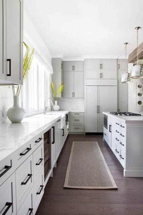 Country farmhouse provides fabulous getaway in Upstate New York Long Narrow Kitchen, Bulthaup Kitchen, Light Grey Kitchen Cabinets, Light Grey Kitchens, Light Gray Cabinets, Narrow Kitchen, New Kitchen Cabinets, Grey Kitchen Cabinets, Grey Cabinets