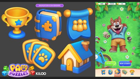 ArtStation - UI Icons - Paw Puzzles ( Kiloo Games ) Puzzle Game Ui, Game Card Design, Match 3 Games, Casual Art, Game Ui Design, Game Props, Mobile Art, Game Illustration, Team Games