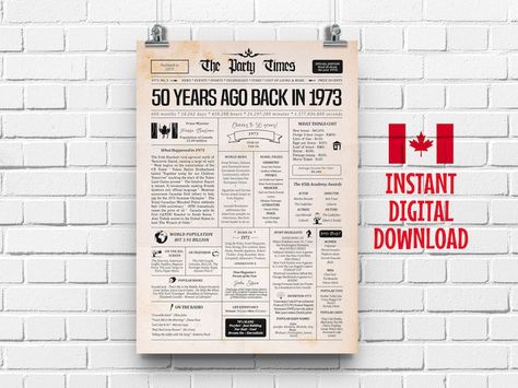 50th Birthday Canadian Newspaper Sign 1973 50th Birthday - Etsy Thailand Birthday Newspaper, 50th Birthday Gifts For Men, 75th Birthday Gifts, 95 Birthday, Frames Sizes, 25th Birthday Gifts, 65th Birthday Gift, Local Shops, Custom Frames