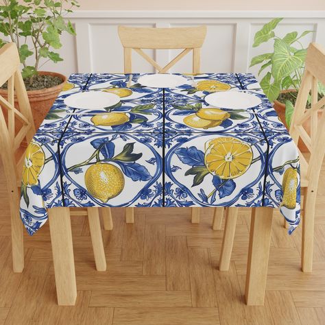 Mediterranean Mosaic Tile, Sicilian Tiles, Gingham Napkins, Dining Table Cloth, Capri Style, Mediterranean Blue, Lemon Decor, Fabric Construction, Unique Tables