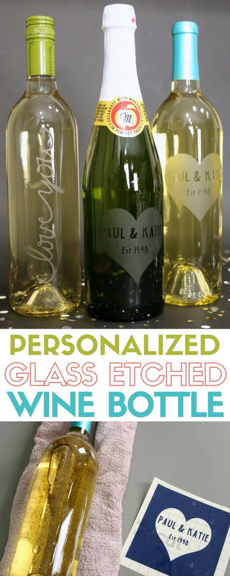 The perfect gift for a special occasion like an Anniversary and Valentine's Day is a Personalized Glass Etched Wine Bottle. An easy DIY craft tutorial idea. Wedding Glasses Diy, Etching Diy, Glass Etching Projects, Diy Wedding Gifts, Diy Craft Tutorials, Glass Bottle Crafts, Healthy Work Snacks, Personalized Glass, Cricut Tutorials